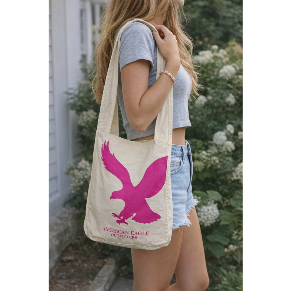 American Eagle Canvas Tote Bag Cream Pink Eagle Logo Shoulder Bag